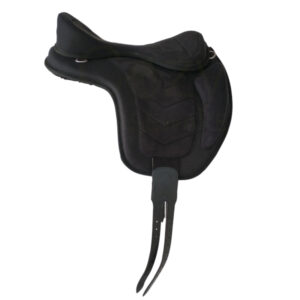 Cozy treeless saddle in fabric, seen from the side